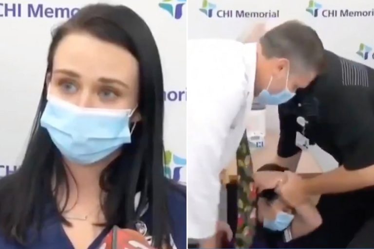 Nurse dramatically faints after taking Covid vaccine but insists it’s ‘common’ for her to pass out…