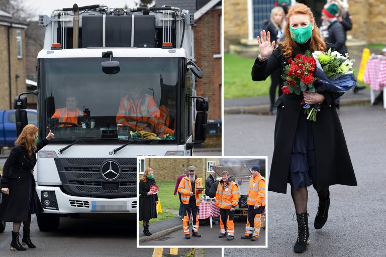 Sarah Ferguson gives a thumbs-up to binmen as she offers tea and cake to local workers