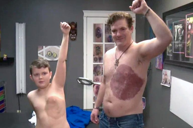 Father gets tattoo to match his eight-year-old son’s birthmark after boy became self-conscious