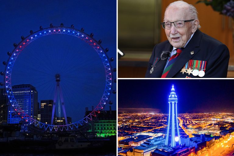 Landmarks across Britain are lit up in Union Jack colours to honour Captain Sir Tom Moore after his…