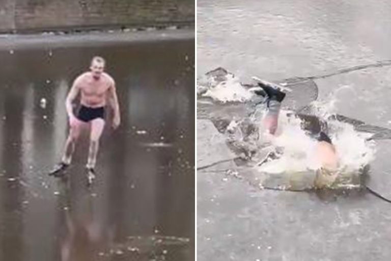 Moment half-naked skater plunges into freezing water as ice cracks on Amsterdam canal