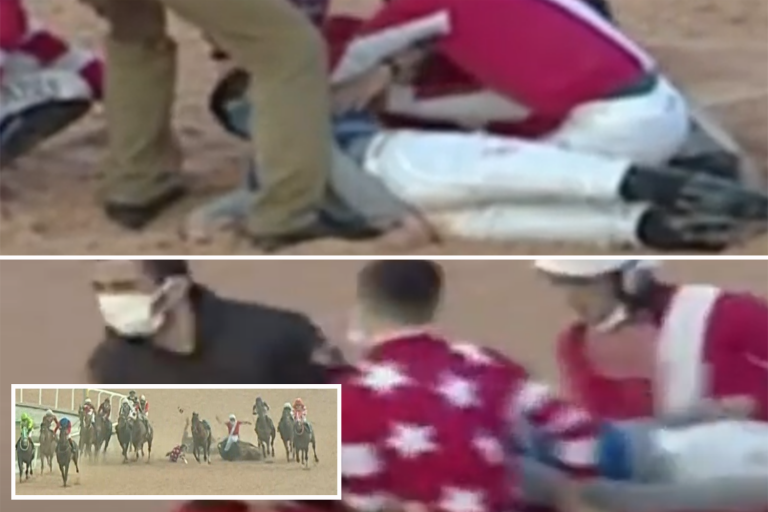 Jockey nearly chokes to death after swallowing tongue in terrifying three-horse pile-up before…
