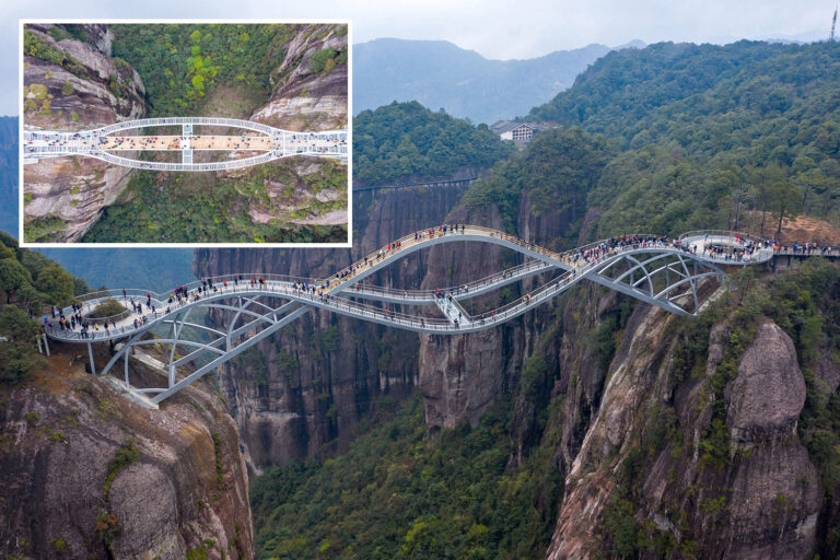 A 328ft ‘bending’ glass bridge has opened in China – which is so scary people thought it was FAKE