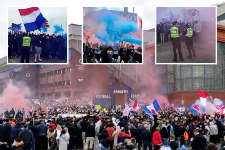 Thousands of wild Rangers fans break lockdown to gather outside Ibrox ahead of title party with…