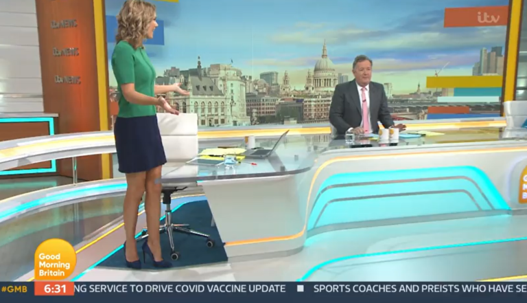 Piers Morgan makes Charlotte Hawkins stand up to show off legs as she wears ‘mini-skirt’ marking…