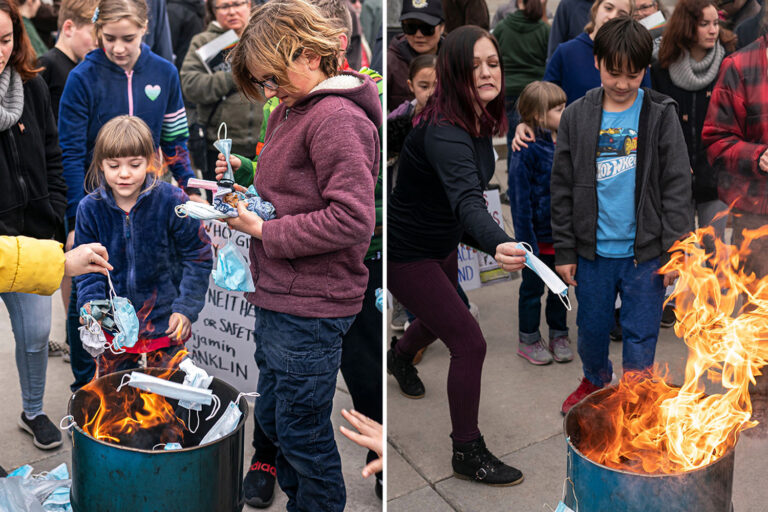 Shocking moment Idaho kids toss Covid masks into burning trash cans at #BurnTheMask rally