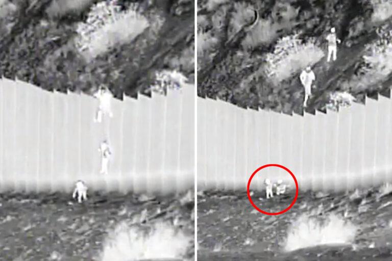 Shocking moment ‘ruthless’ people smugglers drop two TODDLERS aged 3 and 5 over 14ft Mexico border…
