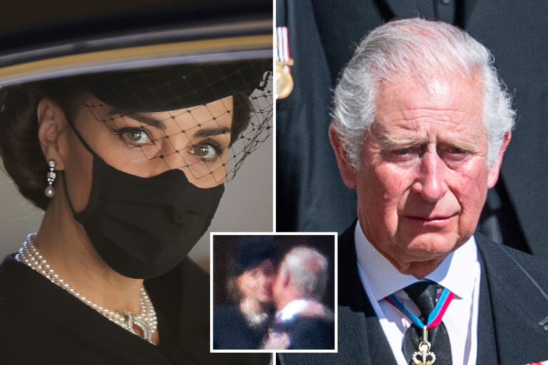 Touching moment Kate Middleton pecks grief-stricken Prince Charles on the cheek as they leave Prince…