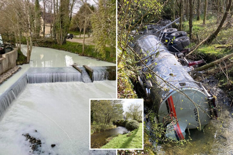 Thousands of gallons of milk turn a river white after tanker crash