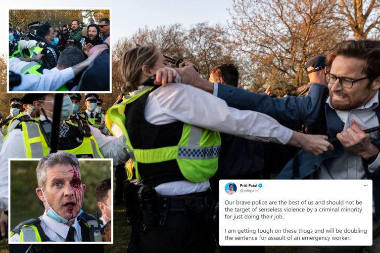 Priti Patel slams ‘senseless thugs’ who pelted cops with bottles at lockdown protest leaving two in…