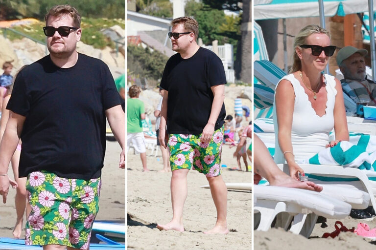 James Corden hits the beach in £650 Gucci swim shorts after losing a stone in five weeks