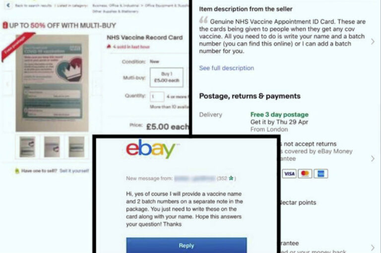 Scammers making hundreds of pounds by selling Covid vaccine cards on eBay amid travel passport…
