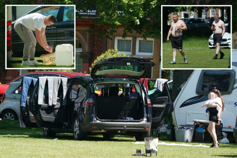 Travellers soak up the sun after refusing to move from park outside £2million homes in posh Kew…