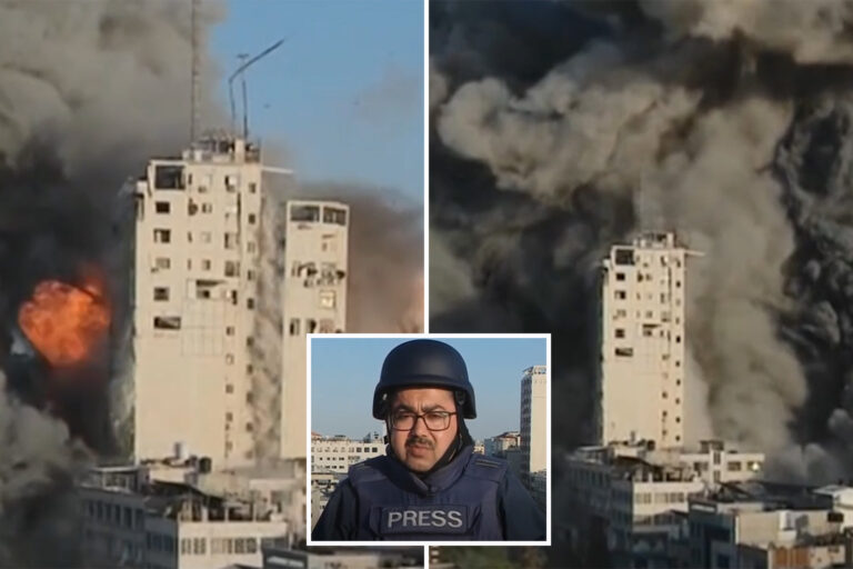 Gaza tower block collapses live on air behind BBC news reporter as bombs rain from the sky