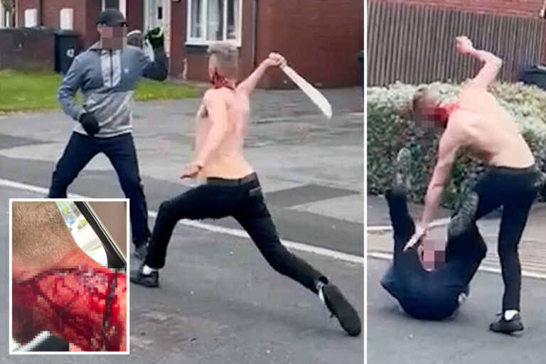 Shocking moment two men armed with MACHETES slash at each other in suburban streets as horrified…