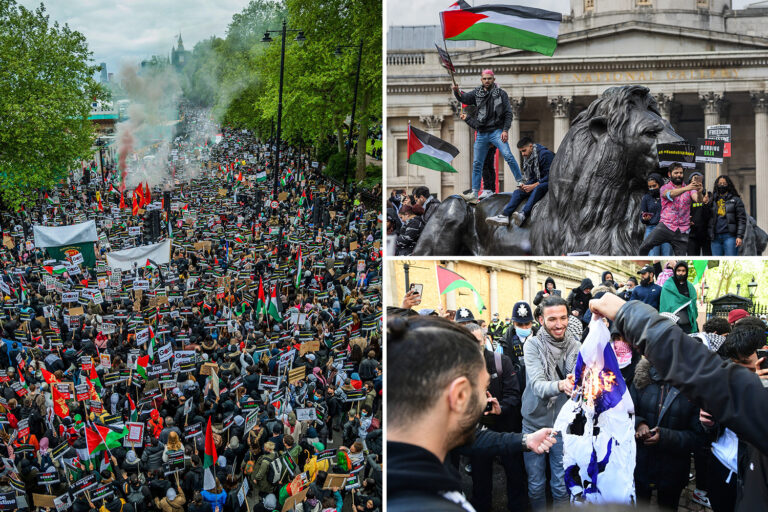 Pro-Palestine protesters burn Israeli flag as thousands march on London’s streets and fire flares…