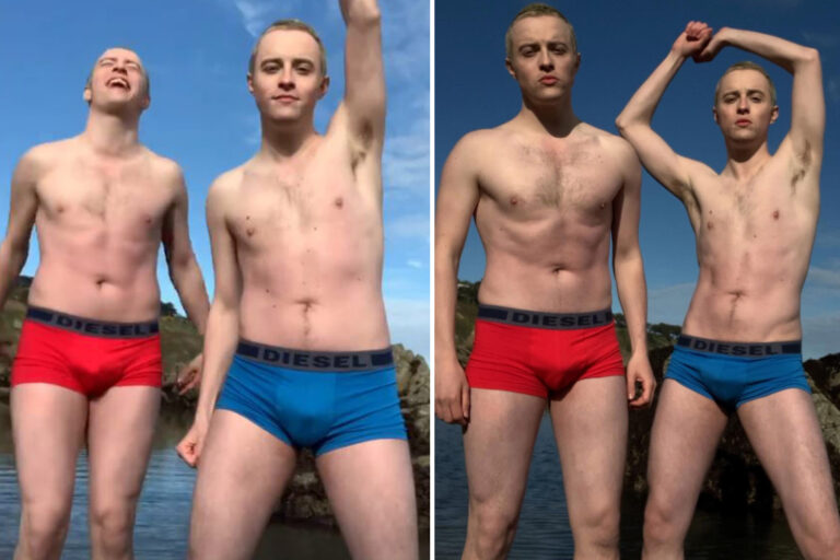 Jedward strip to their underpants for a dip in the sea