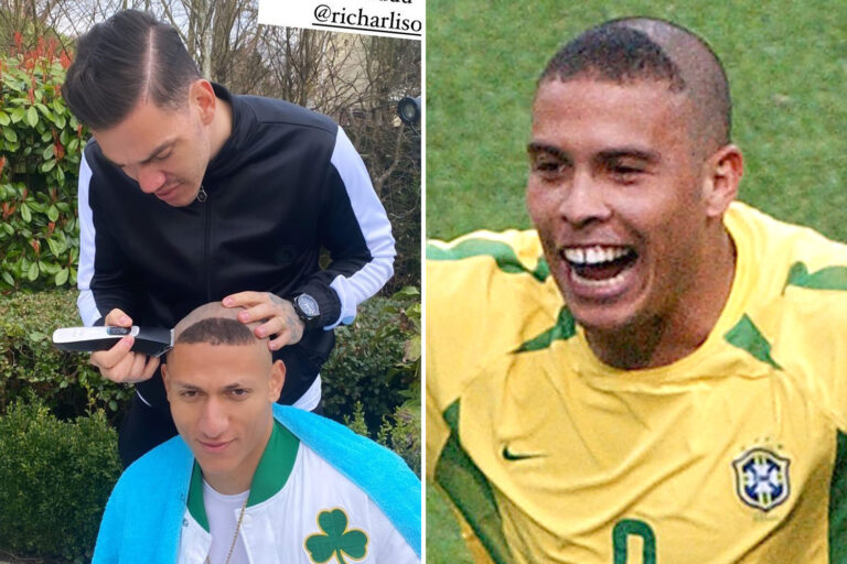 Man City keeper Ederson gives Richarlison Ronaldo’s iconic fringe haircut to celebrate Everton…
