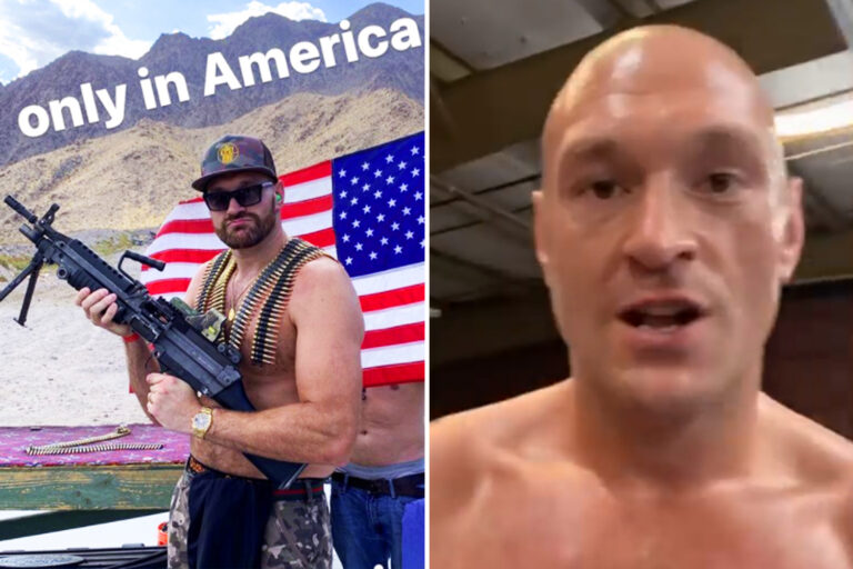 Tyson Fury vows to ‘f***ing smash’ Anthony Joshua as he steps up training before holding machine gun…