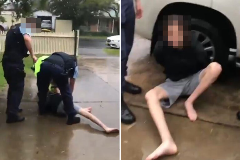 Shocking moment cop KICKS handcuffed mentally ill boy, 17, as his mother begs him to stop