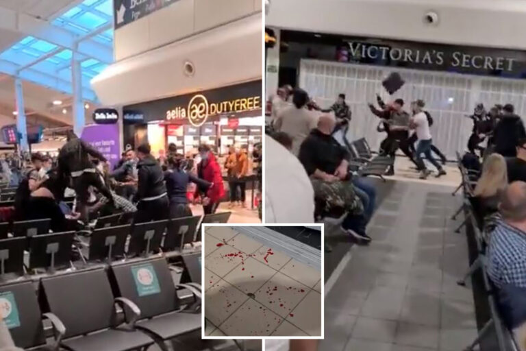 Mass brawl at Luton Airport sees thugs kick, punch and batter each other with SUITCASES in front of…