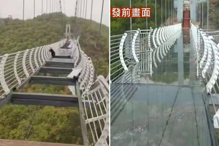 Terrifying picture shows man dangling 330ft in the air after glass-bottomed bridge shatters in 90mph…