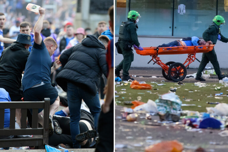 Riot police called to Glasgow carnage as blood-soaked Rangers fans fight with bottles in boozed-up…
