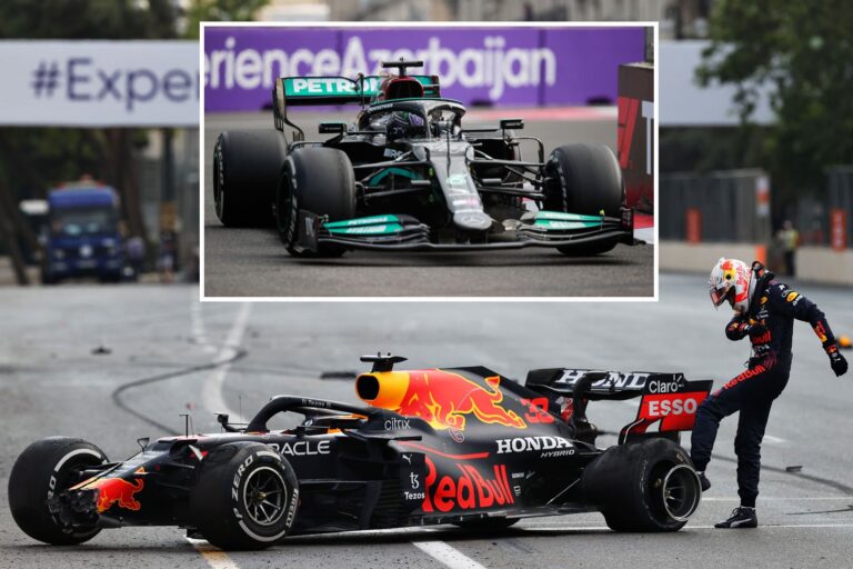 Watch Max Verstappen’s 200mph CRASH four laps from Azerbaijan GP victory in huge boost to Lewis…