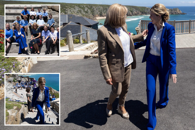Carrie Johnson wears electric blue suit as she takes Dr Jill Biden, Brigitte Macron and other…