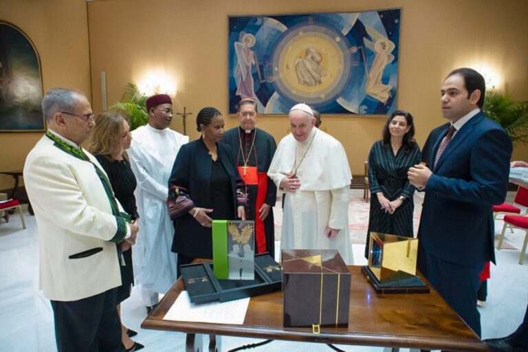 Pope Francis and Grand Imam of Al-Azhar Ahmed Al-Tayeb receive trophies for Zayed Award for Human Fraternity