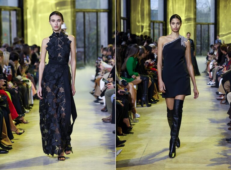 Models Amira Al-Zuhair, Malika El-Maslouhi walk for Elie Saab at Paris Fashion Week